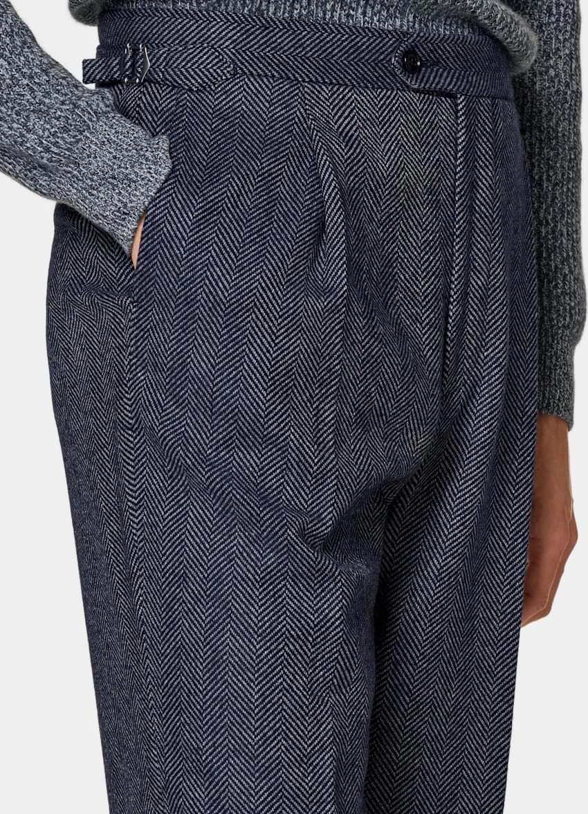 Navy Herringbone Pleated Duca Pants 1 Navy Herringbone Pleated Duca Pants