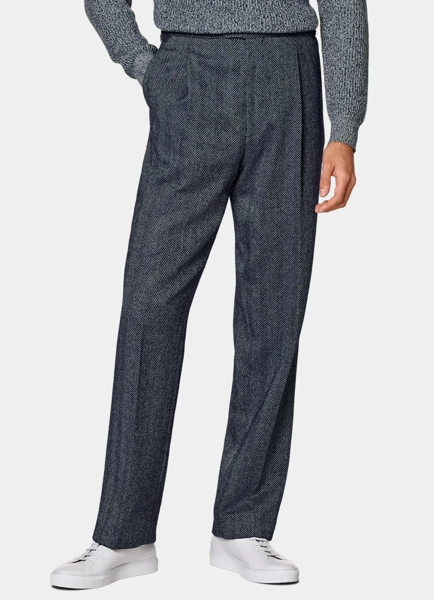 Navy Herringbone Pleated Duca Pants 2 Navy Herringbone Pleated Duca Pants - Image 2
