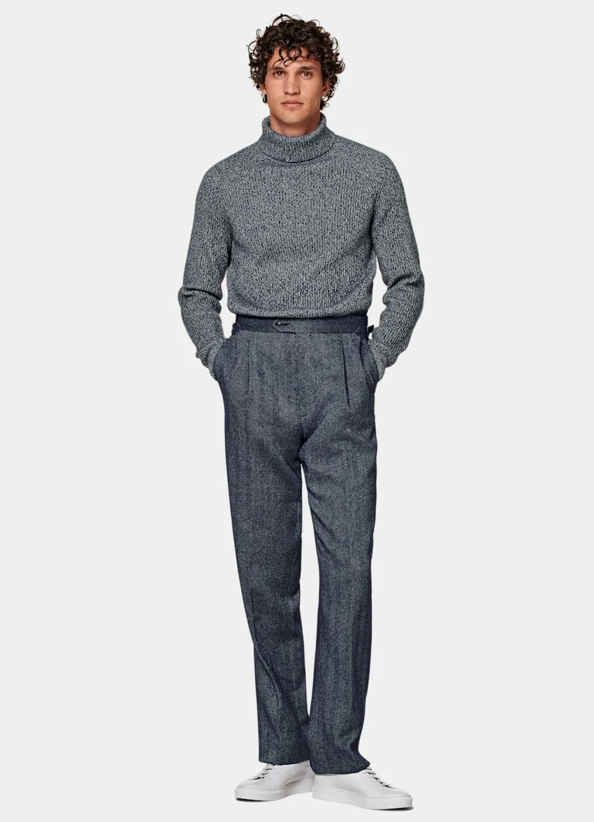 Navy Herringbone Pleated Duca Pants 3 Navy Herringbone Pleated Duca Pants - Image 3