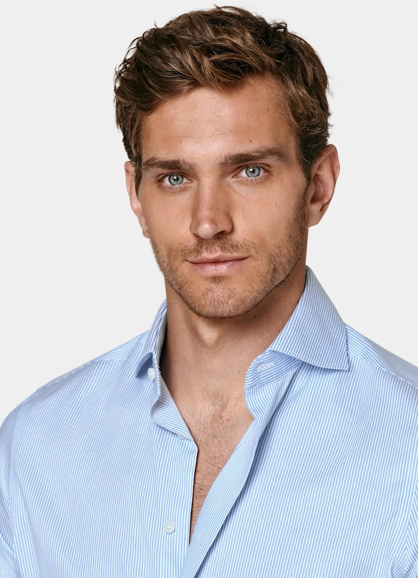 Mid Blue Striped Twill Extra Slim Fit Shirt 1 Mid Blue Striped Twill Extra Slim Fit Shirt