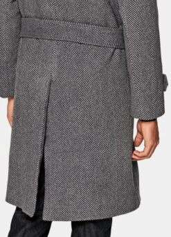 Dark Grey Herringbone Belted Overcoat -Suit Supply J919 103