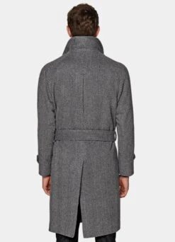 Dark Grey Herringbone Belted Overcoat -Suit Supply J919 104
