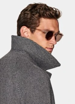 Dark Grey Herringbone Belted Overcoat -Suit Supply J919 105