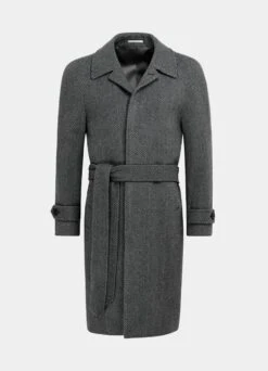 Dark Grey Herringbone Belted Overcoat -Suit Supply J919 25