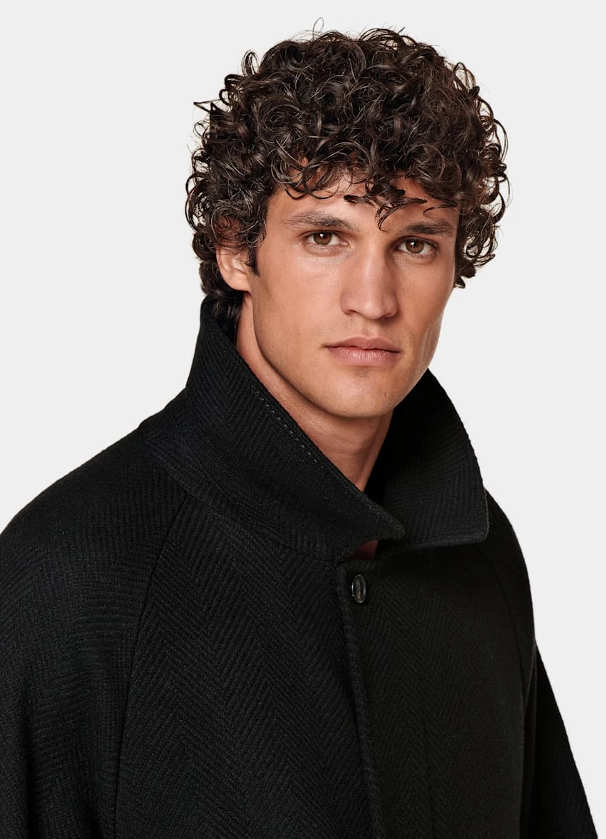 Black Herringbone Belted Overcoat 1 Black Herringbone Belted Overcoat