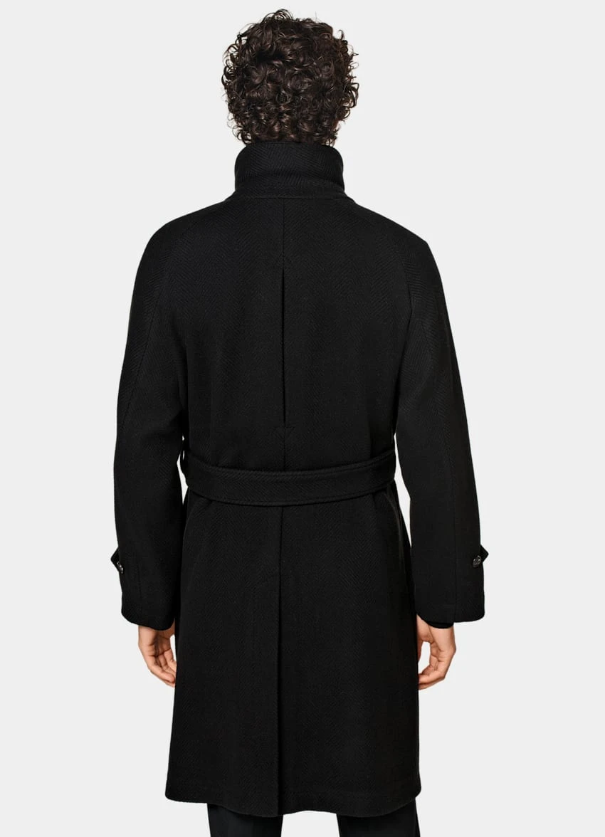 Black Herringbone Belted Overcoat 5 Black Herringbone Belted Overcoat - Image 5