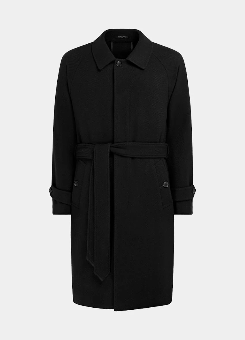 Black Herringbone Belted Overcoat 8 Black Herringbone Belted Overcoat - Image 8