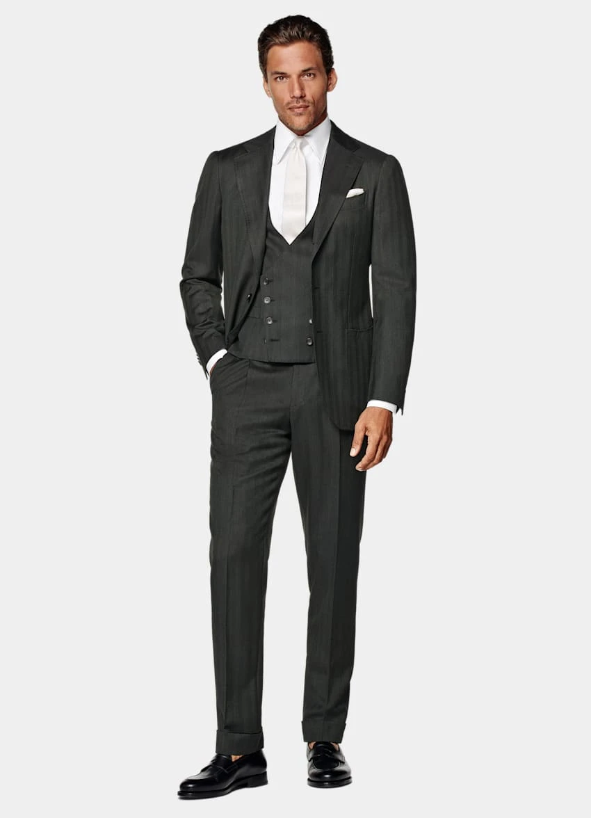 Dark Green Herringbone Three-Piece Lazio Suit 5 Dark Green Herringbone Three-Piece Lazio Suit - Image 5