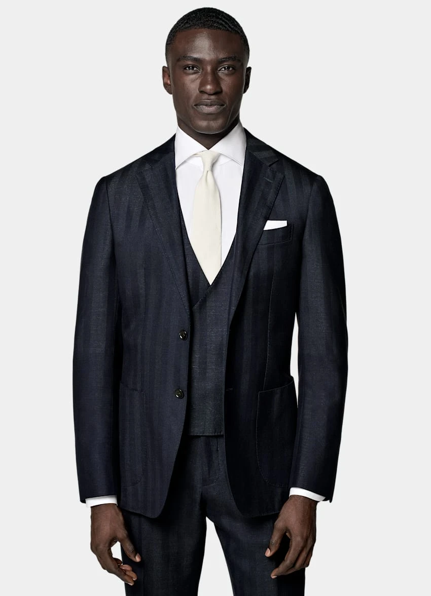 Navy Herringbone Three-Piece Havana Suit 2 Navy Herringbone Three-Piece Havana Suit - Image 2