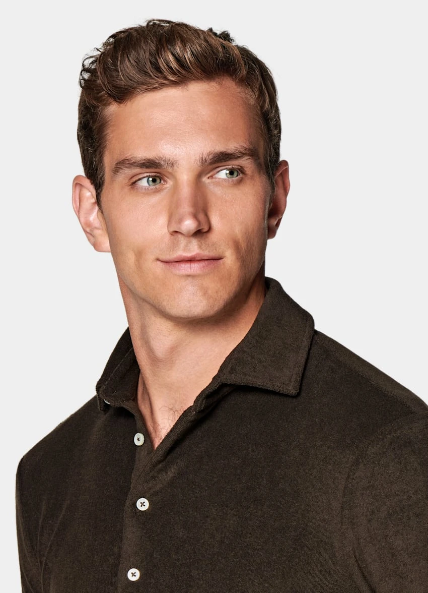 Dark Brown Long Sleeve Terry Polo Shirt 1 Dark Brown Long Sleeve Terry Polo Shirt