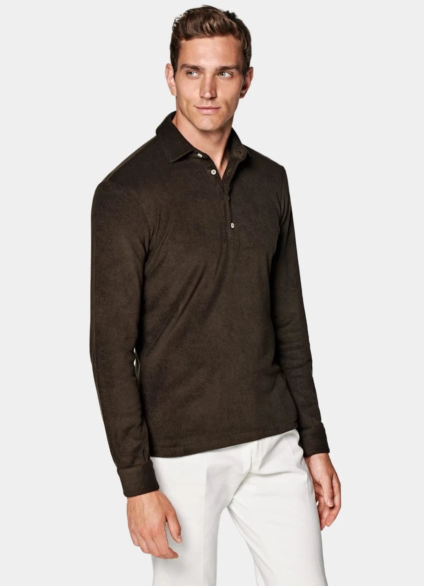 Dark Brown Long Sleeve Terry Polo Shirt 2 Dark Brown Long Sleeve Terry Polo Shirt - Image 2