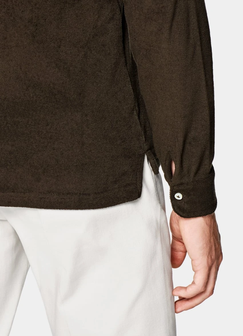 Dark Brown Long Sleeve Terry Polo Shirt 3 Dark Brown Long Sleeve Terry Polo Shirt - Image 3