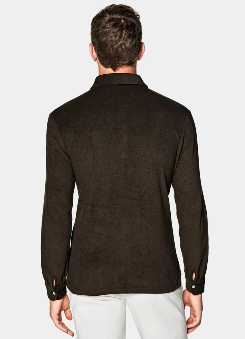 Dark Brown Long Sleeve Terry Polo Shirt 5 Dark Brown Long Sleeve Terry Polo Shirt - Image 5