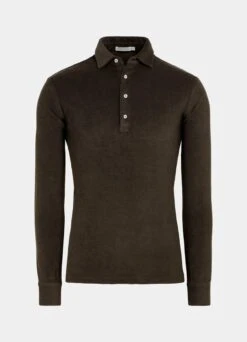 Dark Brown Long Sleeve Terry Polo Shirt 13 Dark Brown Long Sleeve Terry Polo Shirt -Suit Supply SW1529 25