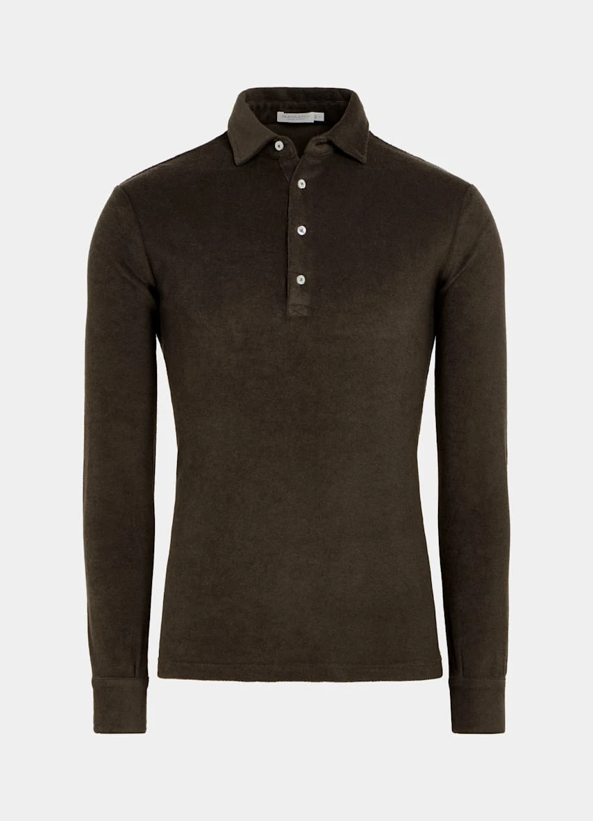 Dark Brown Long Sleeve Terry Polo Shirt 7 Dark Brown Long Sleeve Terry Polo Shirt - Image 7