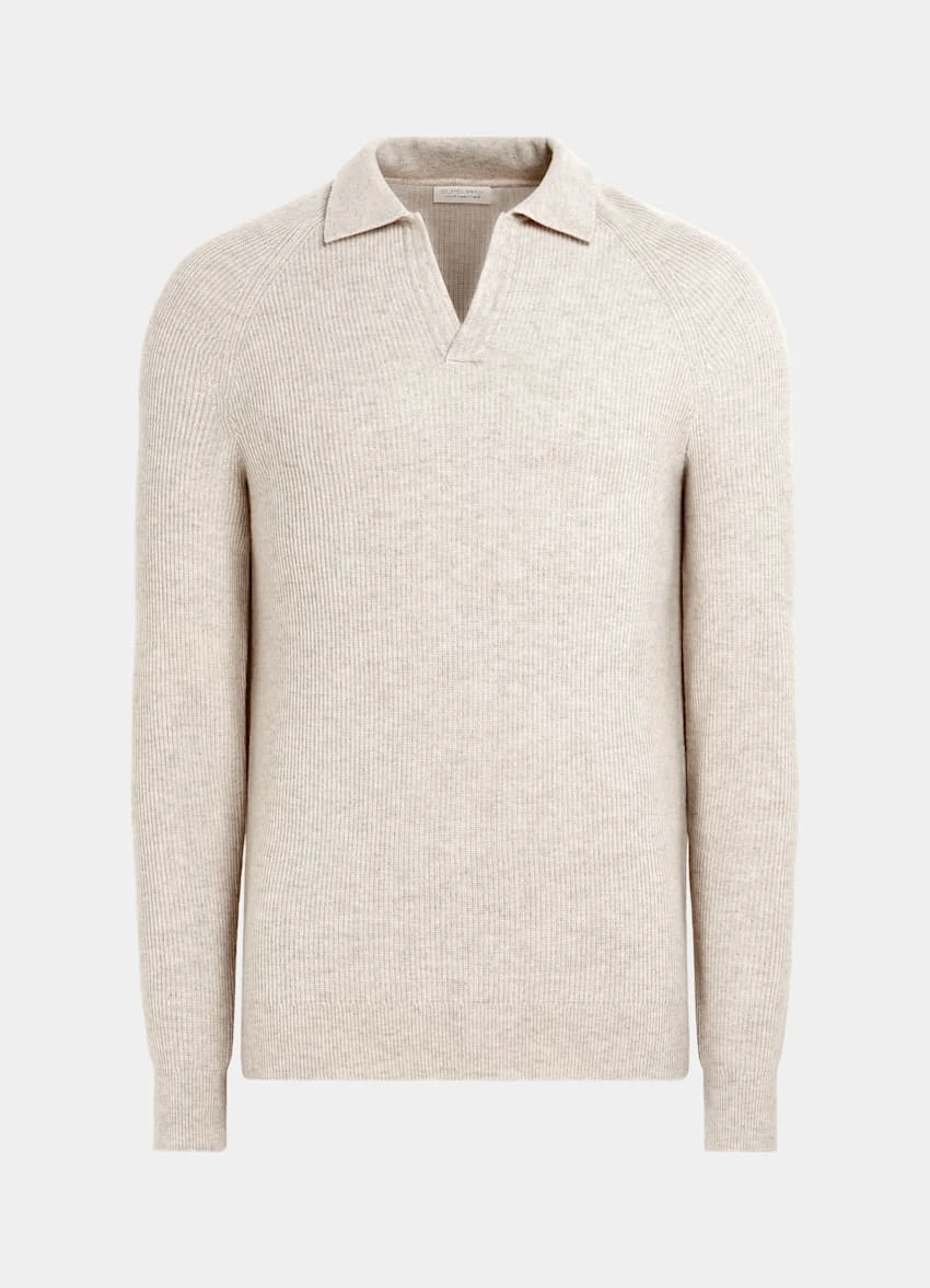 Light Brown Ribbed Long Sleeve Buttonless Polo Shirt 8 Light Brown Ribbed Long Sleeve Buttonless Polo Shirt - Image 8