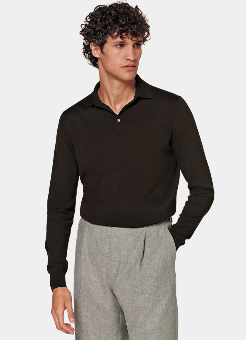 Dark Brown Long Sleeve Polo Shirt 2 Dark Brown Long Sleeve Polo Shirt - Image 2