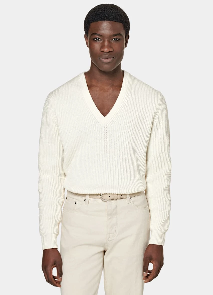 Off-White Ribbed V-Neck 2 Off-White Ribbed V-Neck - Image 2